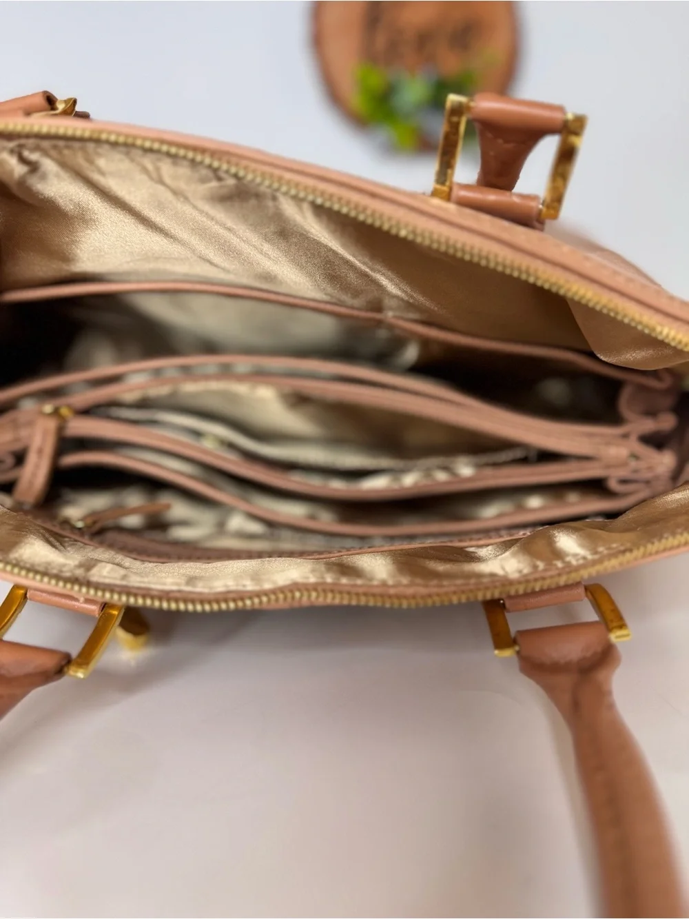 Joy & Iman Peach-Tan Dome Satchel with Gold Hardware